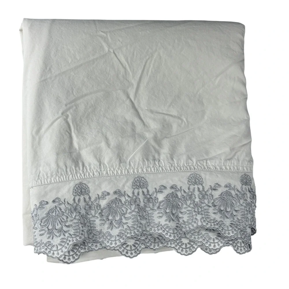 Simply Shabby Chic Ivory Cotton Flat Sheet Silver Full 82 x 90 Embroidered‎